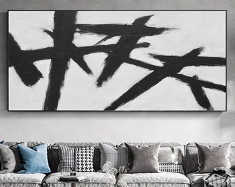 Pintura abstracta minimalista en blanco negro, pintura de gran tamaño, pintura original de lienzo grande, arte de pared hecho a mano, pintura acrílica, A615