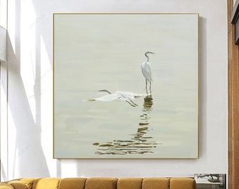 Garcetas en el agua, una danza tranquila de blanco y beige, marrón claro, arte mural hecho a mano, pintura al óleo, pintura acrílica