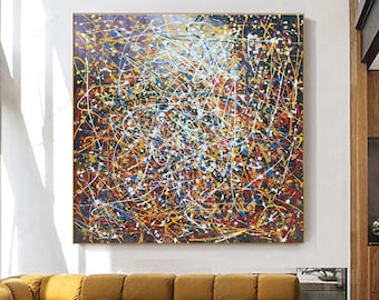 Pintura abstracta estilo Jackson Pollock, pintura de gran tamaño, pintura original de lienzo grande, arte de pared hecho a mano, pintura acrílica, A021