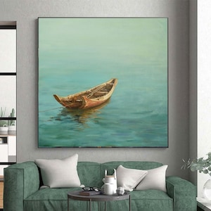 May include: A painting of a wooden boat floating on a calm, blue-green body of water. The boat is brown and weathered, with a single oar resting on the side. The sky is a soft, pale blue, and the water is reflecting the light of the sky.