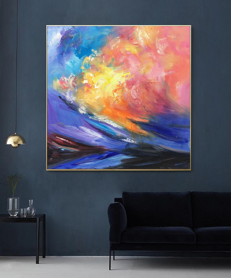 Extra Large Paintingblue Pink Yellow Abstract Painting Etsy
