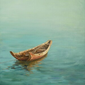 May include: A wooden rowboat sits in calm, blue water. The boat is brown and weathered, with a single oar resting in it. The water is a light blue, and the sky is a pale blue.