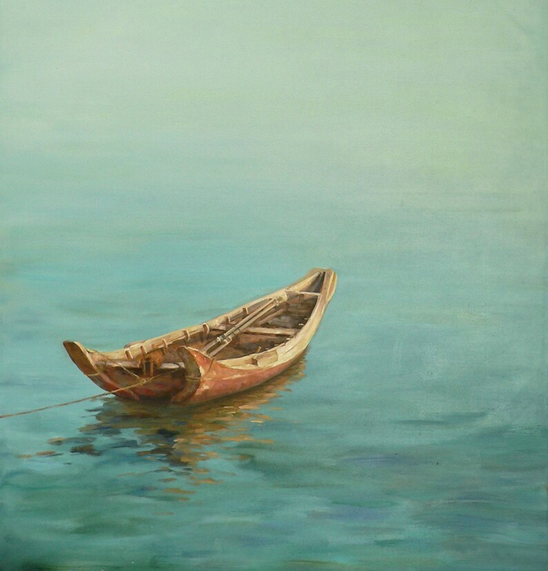 May include: A wooden rowboat sits in calm, blue water. The boat is brown and weathered, with a single oar resting in it. The water is a light blue, and the sky is a pale blue.