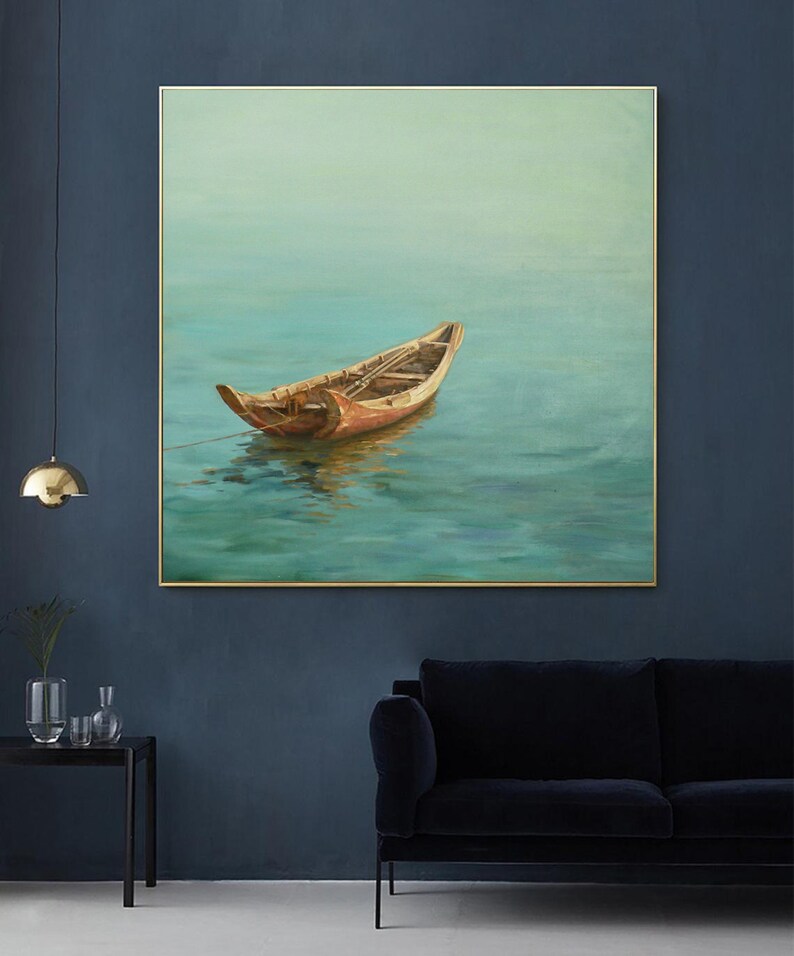 May include: A painting of a wooden boat floating on a calm, blue-green body of water. The boat is brown and weathered, with a light blue sky in the background.