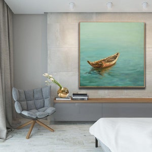 May include: A painting of a wooden boat floating on a calm, turquoise body of water. The boat is brown and weathered, with a light blue sky in the background.