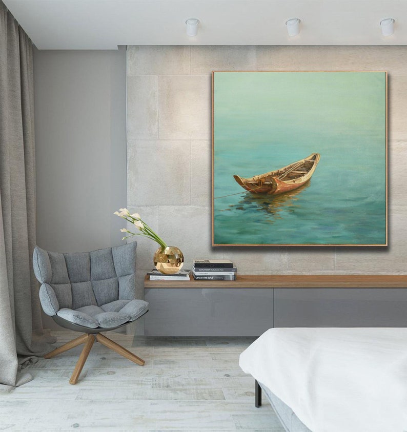 May include: A painting of a wooden boat floating on a calm, turquoise body of water. The boat is brown and weathered, with a light blue sky in the background.
