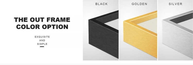 May include: The Out Frame Color Option: Exquisite and Simple. Three frame samples are shown: black, golden, and silver.