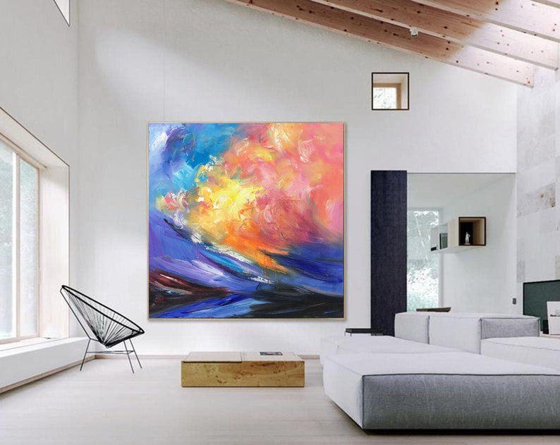 Extra Large Paintingblue Pink Yellow Abstract Painting Etsy