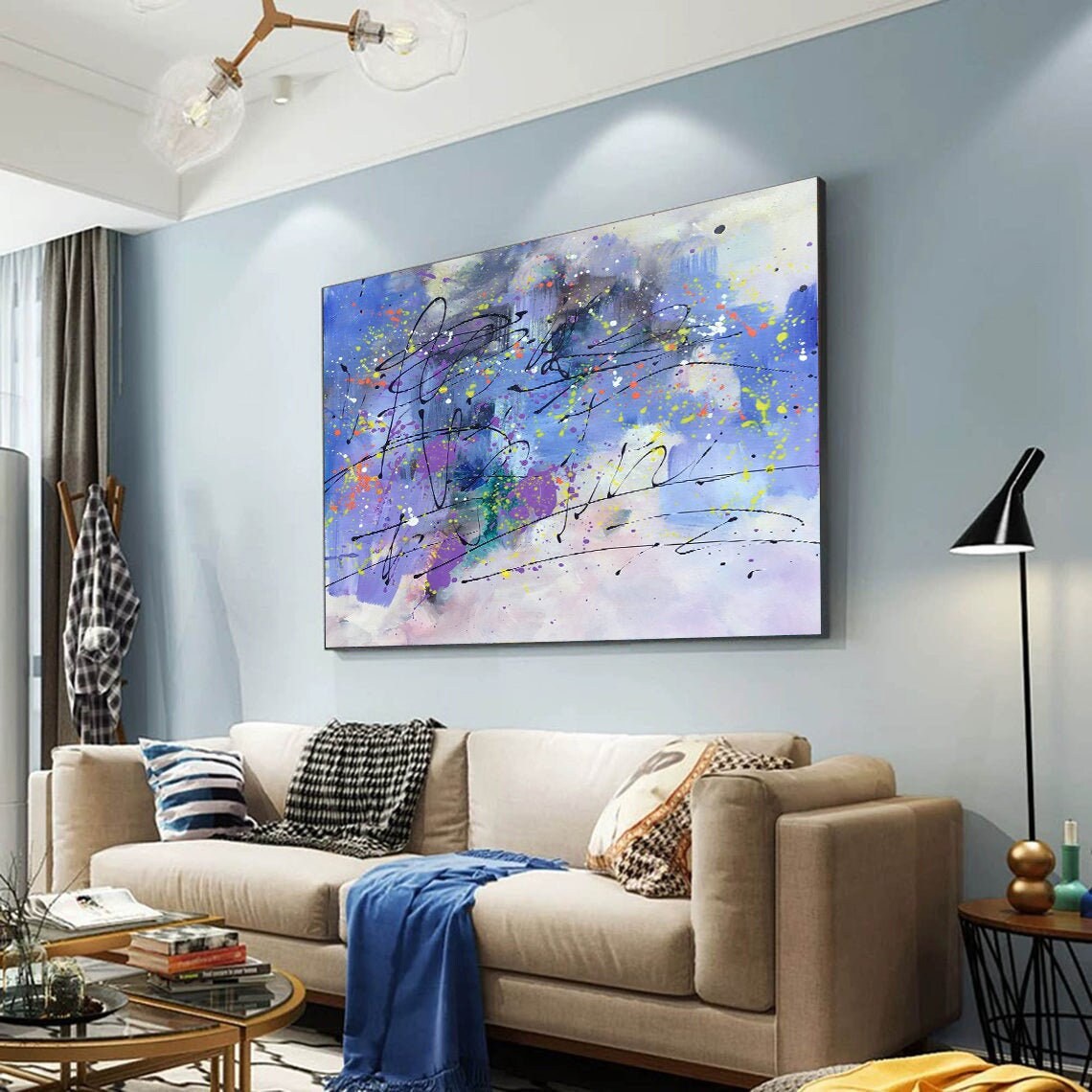 ジャクソン ポロック スタイル ブルー抽象画、特大絵画、オリジナル