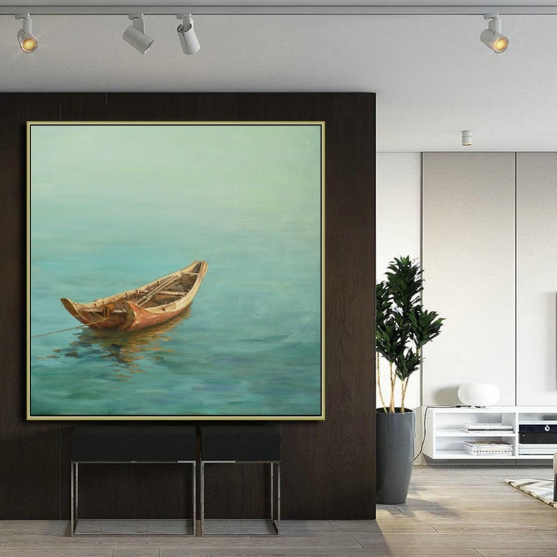 May include: A painting of a wooden boat floating on a calm, blue body of water. The boat is brown and weathered, with a light blue sky in the background.