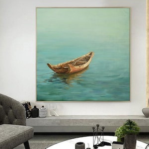 May include: A painting of a wooden boat floating on a calm, blue-green body of water. The boat is brown and has a light brown interior. The water is a light blue-green color and has a slight ripple effect. The background is a light blue-green color and is slightly hazy.