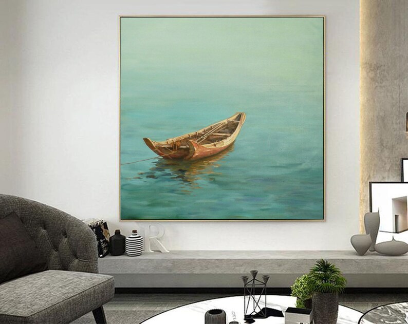 May include: A painting of a wooden boat floating on a calm, blue-green body of water. The boat is brown and has a light brown interior. The water is a light blue-green color and has a slight ripple effect. The background is a light blue-green color and is slightly hazy.
