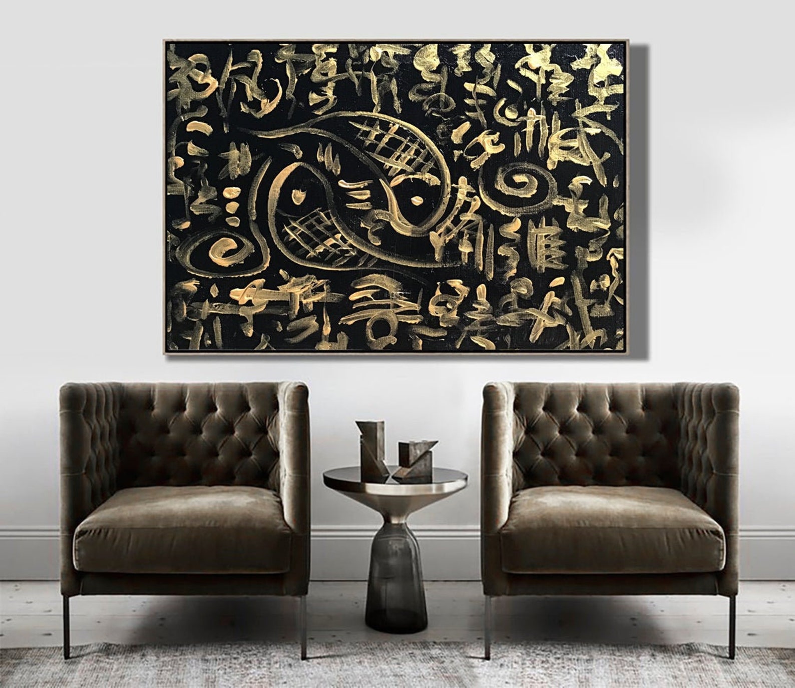 Modern Art Black Gold Abstract Painting, Original Large Canvas Painting ...