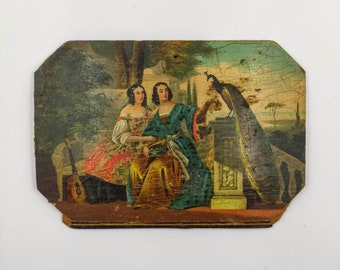 Antique French Victorian Painting, Needlework Sewing Box Lid