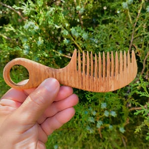 May include: A wooden comb with a handle featuring a circular opening. The comb has closely spaced teeth and a natural wood grain finish. The comb is held against a backdrop of green foliage.