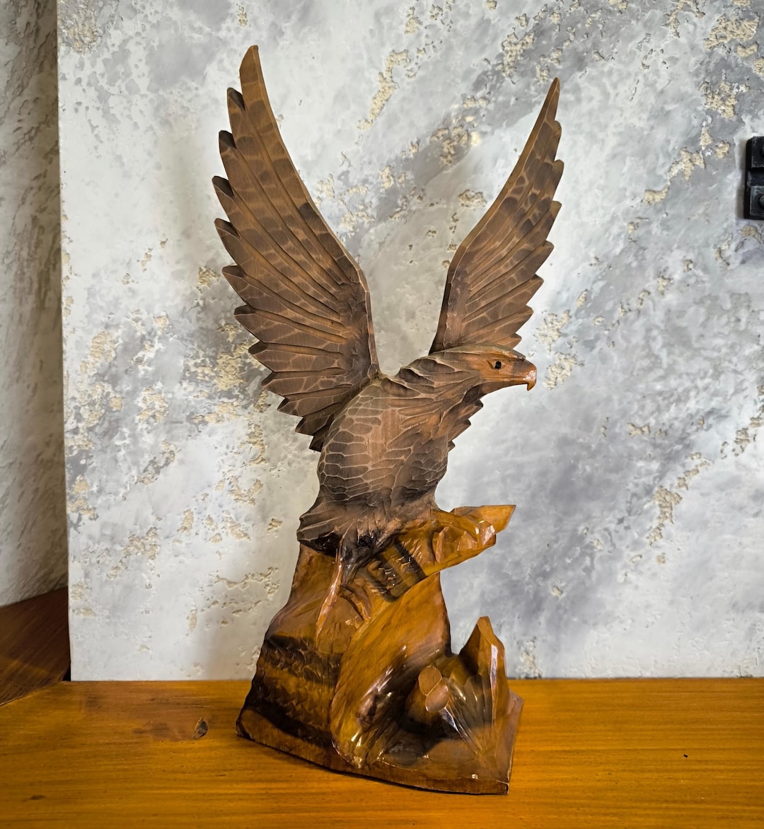 Handcarved Wooden Eagle Figurine - Vintage Animalistic Interior Decor ...