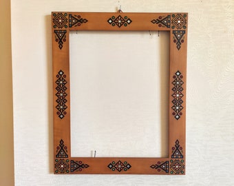Vintage Inlay Wood Picture Frame, Ukrainian Hutsul Ornament