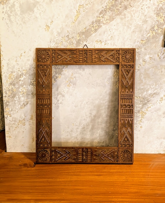 Antique Wooden Frame: Inlaid Glass Beads, Rustic Wall Decor