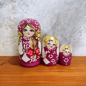 Handmade Babushka Nesting Doll Set, 3 Beauty Traditional Stacking Doll, Montessori Educational Toy