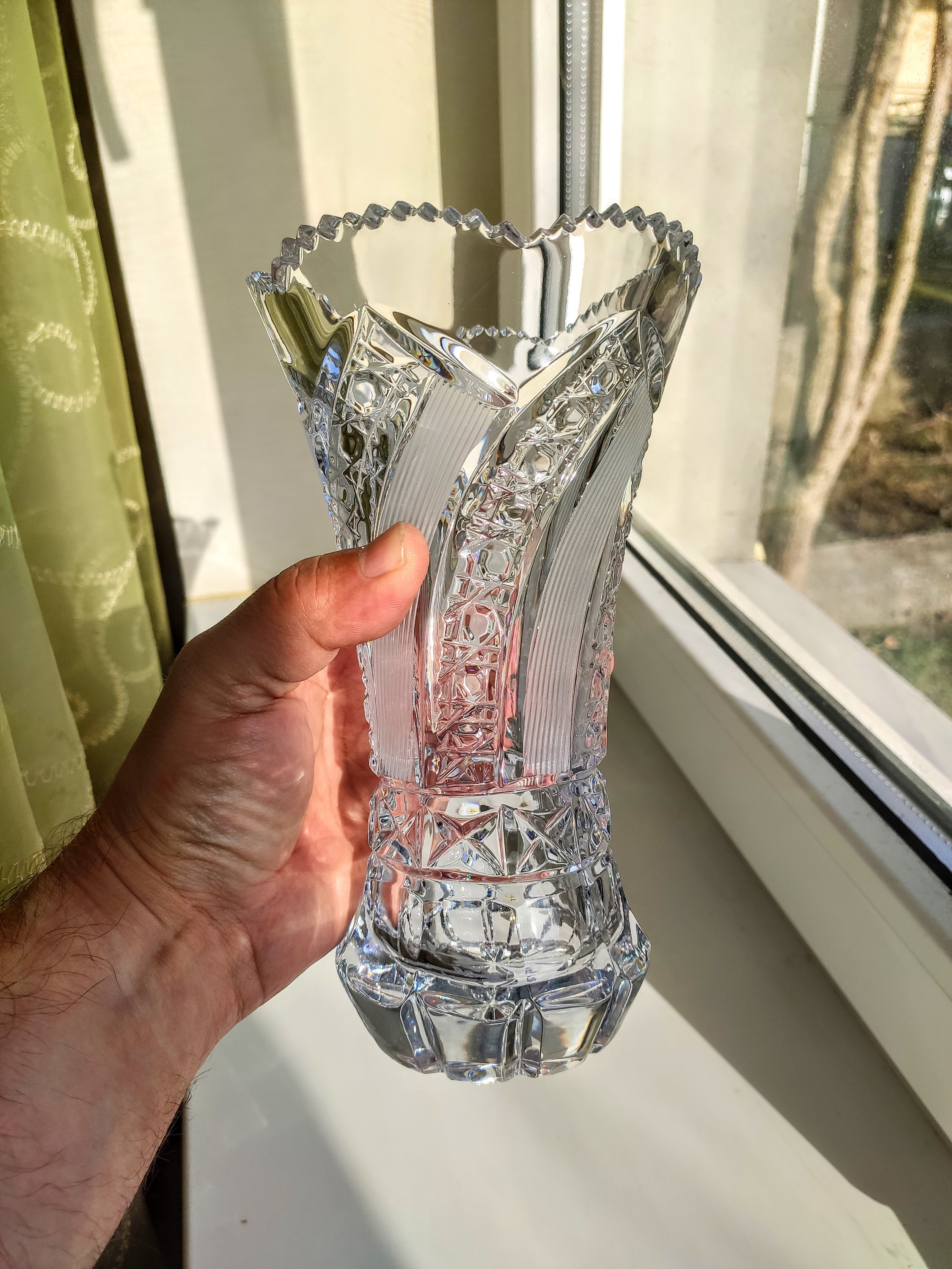 美品　ボヘミアクリスタルカットガラス　花瓶　花器 ハンドカットクリスタル花瓶：ヴィンテージボヘミアンガラスフラワー