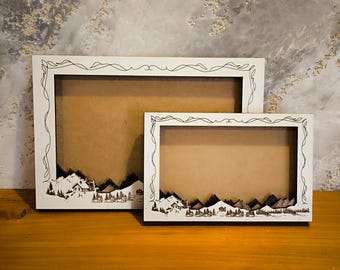 Handmade 3D Mountain Photo Frame: Engraved Plywood Art for Hikers