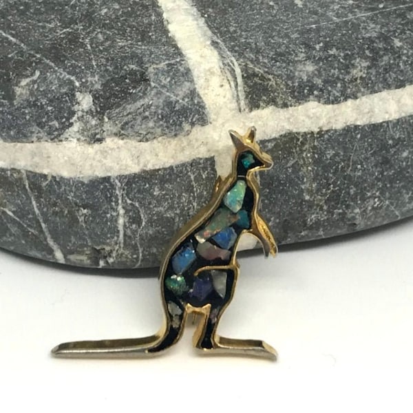 Vintage LEGA Kangaroo Brooch Pin Opal Chip Set Blue Green Animal, Goldtone Metal, Australia Jewellery Gift, Inlaid Gemstone, Cute