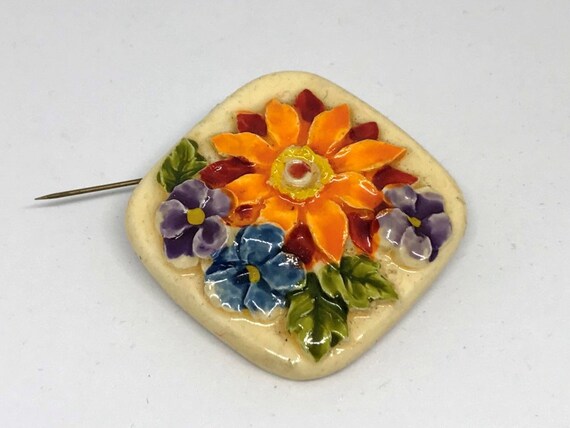 West Germany Ceramic Brooch Pin Floral Bouquet Br… - image 6
