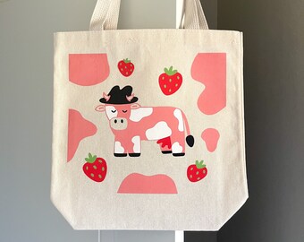 Strawberry Cow Tote Bag / 100% Cotton Tote Bag / Reusable Bags