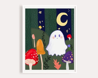 Ghostie Art Print / Wall Art / Cottagecore Print / 8x10 Print / Home Decor / Mushroom Forest Ghost