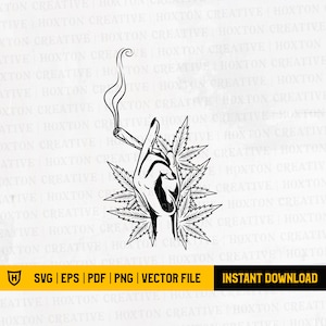 May include: Black and white illustration of a hand holding a lit joint with marijuana leaves in the background.