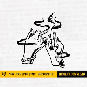 May include: Black and white illustration of two hands holding and smoking cigarettes. The smoke curls up in the air.