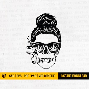 Cráneo de pelo de moño fumando archivo svg conjunto / Cráneo fumando cannabis / Cráneo de pelo de moño / Fumando marihuana Svg / Archivos cortados
