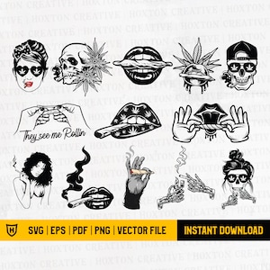 May include: A set of 10 black and white vector illustrations of people and skulls smoking marijuana. The illustrations include a woman with sunglasses, a skull with a hat, a pair of hands rolling a joint, a skull with a bun, and a pair of lips with a joint. The text "They see me Rollin'" is included in the image.