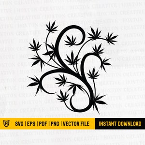 May include: Black and white silhouette of a stylised cannabis plant with swirling vines. The plant has multiple leaves and is set against a white background.