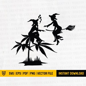 Può includere: Illustrazione in silhouette in bianco e nero di due streghe, una seduta su una pianta di marijuana e l'altra che vola su una scopa. La strega sulla pianta tiene una canna e fuma.