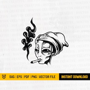 Cannabis Alien Svg / Alieno che fuma joint Svg / Blunt Weed Svg / Foglia di cannabis Svg / Marijuana Svg / Stoned Alien Svg