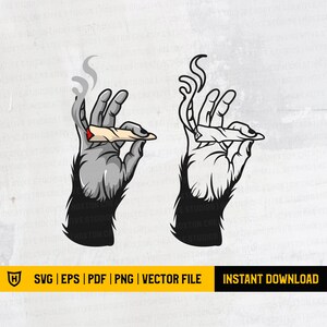 May include: A black and white illustration of a hand holding a rolled up cigarette with smoke coming from it.