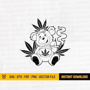 May include: Black and white line art illustration of a cartoon bear wearing a headband and smoking a joint. The bear is sitting on a bed of marijuana leaves.
