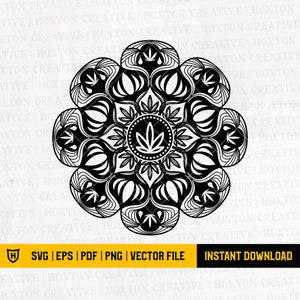 Pode incluir: Um design de mandala preto e branco com uma folha de cannabis estilizada no centro. O mandala tem uma forma circular com padrões e detalhes intrincados.