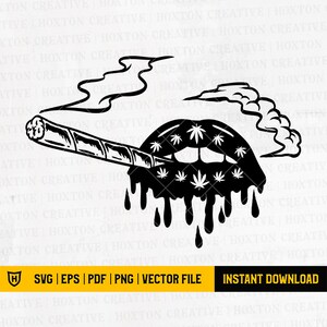 Puede incluir: Ilustración en blanco y negro de un par de labios con hojas de marihuana y un porro encendido. Los labios gotean pintura negra.