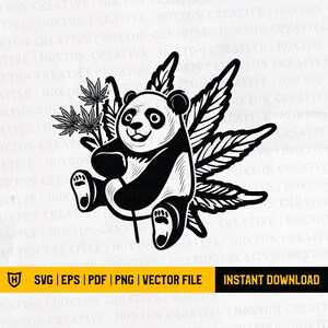 Op de afbeelding: Zwart-witte illustratie van een pandabeer die zit met een marihuanablad in zijn hand. De panda is omringd door marihuanabladeren.