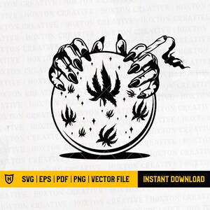 以下が含まれることがあります： 手の中にマリファナの葉が入った水晶玉を持った手の白黒のイラスト。もう一方の手はジョイントを持っている。