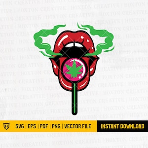 Op de afbeelding: Rode lippen met een groene lolly in de vorm van een marihuanablad die uit de mond steekt. Groene rook komt uit de mond.