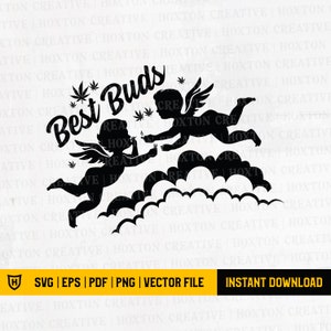 Könnte beinhalten: Schwarz-weiß-Illustration von zwei Cherubinen mit Flügeln, die Marihuana-Blätter und ein Feuerzeug halten. Die Cherubine fliegen in den Wolken und der Text "Best Buds" ist in einer stilisierten Schrift geschrieben.