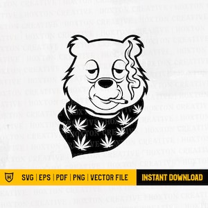Op de afbeelding: Zwart-witte illustratie van een cartoonbeer die een bandana draagt met een marihuana-bladpatroon. De beer heeft een ontspannen uitdrukking en rookt een sigaret.