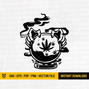 May include: Black and white illustration of a crystal ball with a marijuana leaf inside. Two hands are holding the ball, and one hand is holding a cigarette. Smoke is coming from the cigarette.