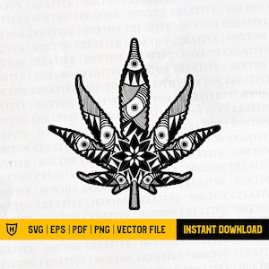 Könnte beinhalten: Schwarz-weiße Abbildung eines Cannabisblattes mit detaillierten geometrischen Mustern. Der Text "SVG | EPS | PDF | PNG | VECTOR FILE" und "INSTANT DOWNLOAD" ist enthalten.