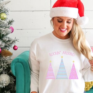 Pink Christmas Sweatshirt, Pink Christmas Sweater, Pink Holiday Apparel, Pink Christmas Tree Sweatshirt for Women, , Pink Christmas Shirt