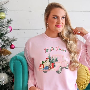 Vintage Pink Christmas Sweatshirt for Women, Cute Christmas Sweater, Girly Christmas Jumper, Christmas Lover Gift, Christmas Holiday Apparel