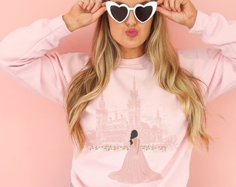 Customized Cute Girly Womens Sweatshirt, White or Light Pink, Custom girl fashion Illustration sweater, Pretty crewneck sweatshirt